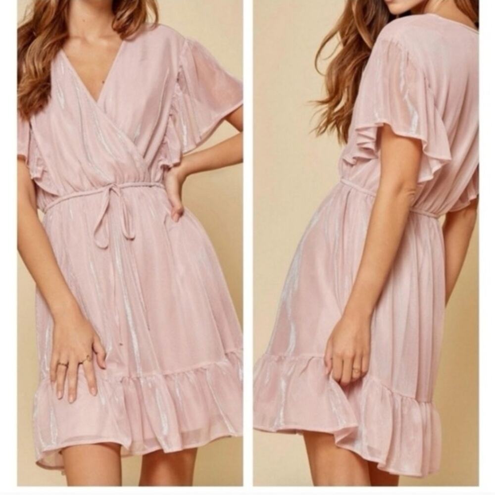 Andrée By Unit Shimmer Medium Dress Faux Wrap Fairy Sleeve Pink Tie at Waist